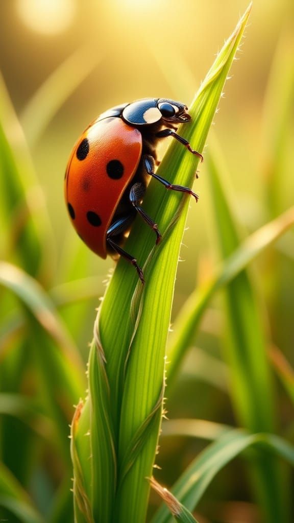 Hyperrealistic Ladybug Climbing Grass Blade at Golden Hour