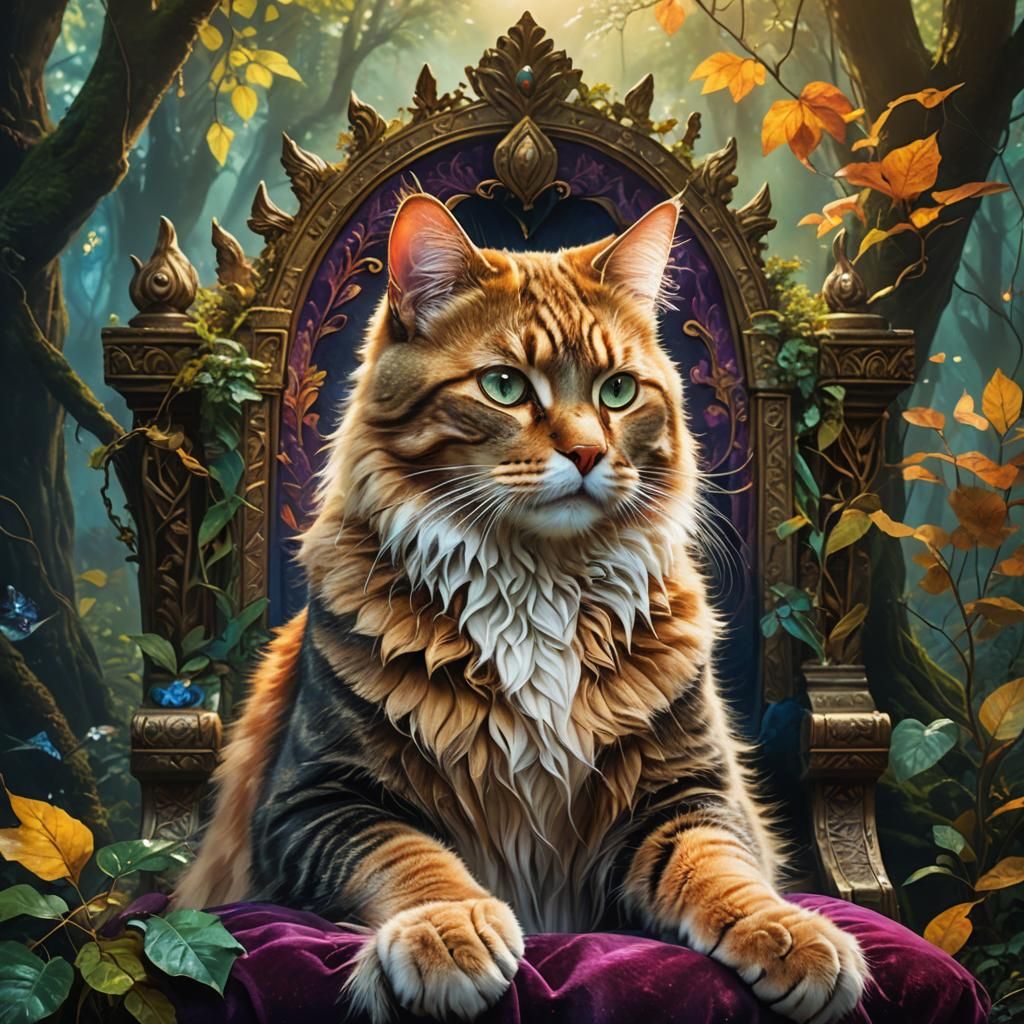 Regal Cat on Forest Throne: Fantasy Concept Art
