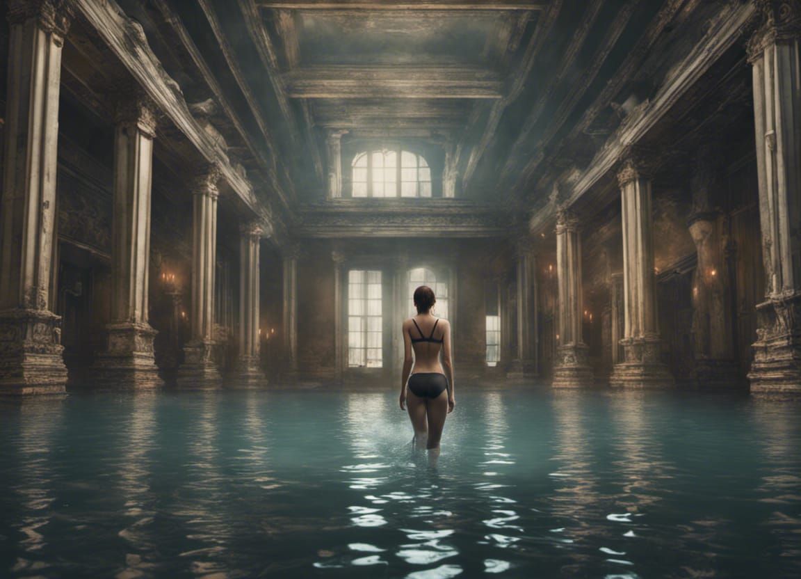 Woman Swimming Through Flooded Building: Digital Matte Paint...