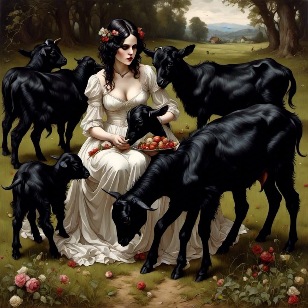 Girl Feeding Black Goats in Pasture