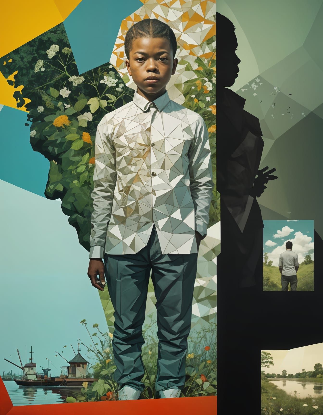 Boy in a Distressed Portrait with Polygonal Outlines