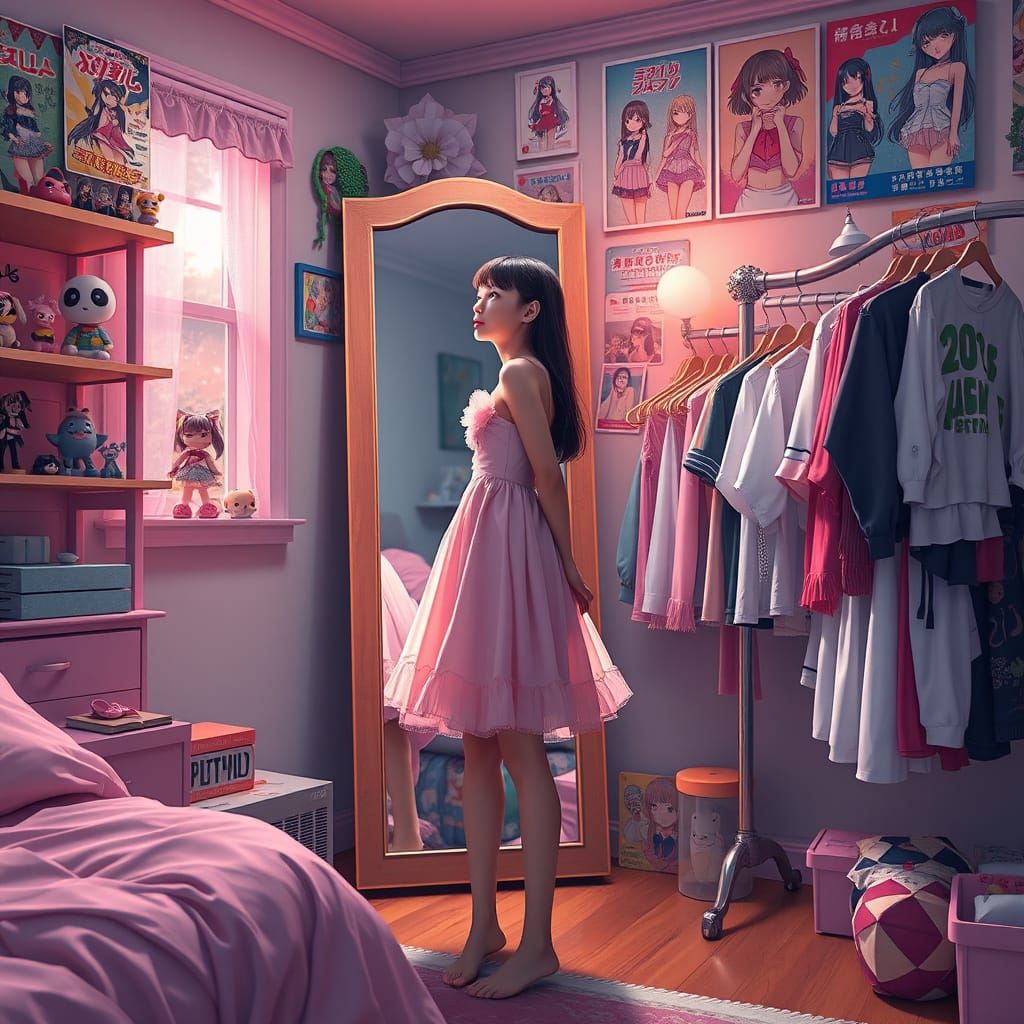 Young Woman Admires Herself in a Whimsical Bedroom Sanctuary