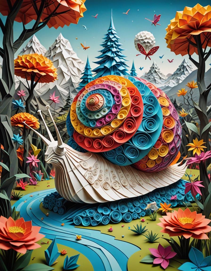 Surreal Snail Navigates Origami Fractal Landscape