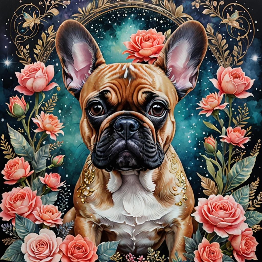 French Bulldog Goddess in Mixed Media Collage