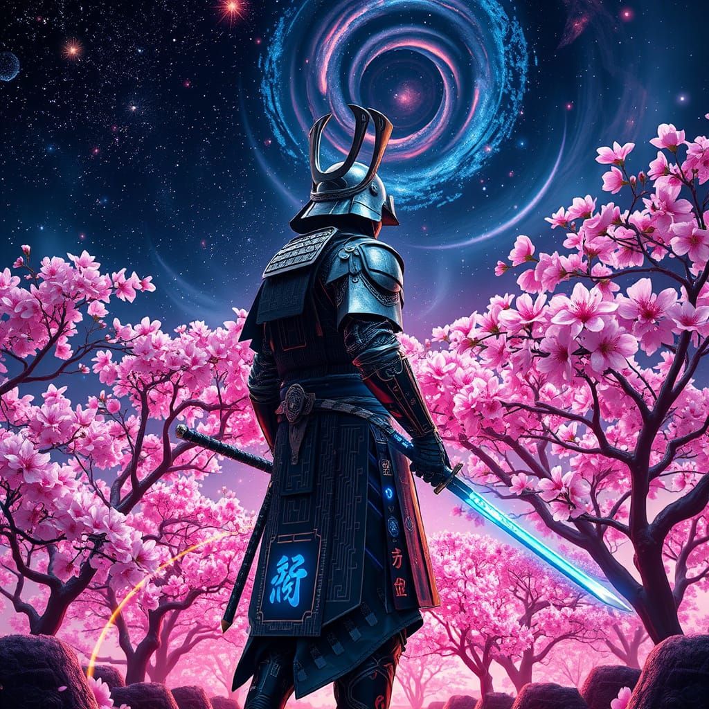 Surreal Cyberpunk Samurai in Liquid Metal Armor, Holding Pla...