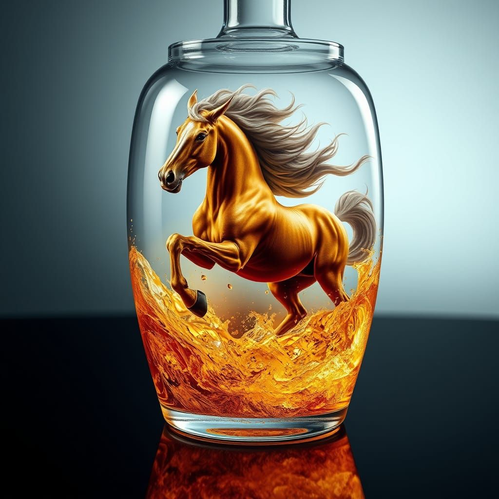 Regal Horse Gallops in Crystal Whiskey Bottle, Surreal Fanta...