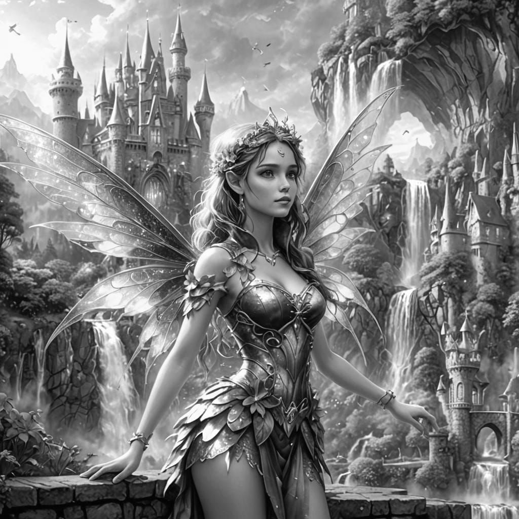 Fantasy Fairy with Castle, Hyperrealistic 8K Render