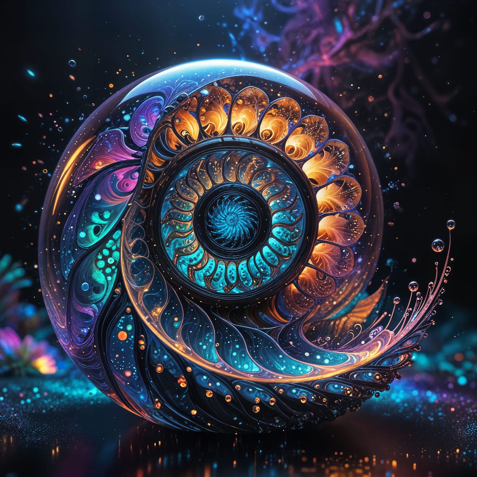 Vibrant Cosmic Nautilus in Shimmering Bio-Mechanical Style