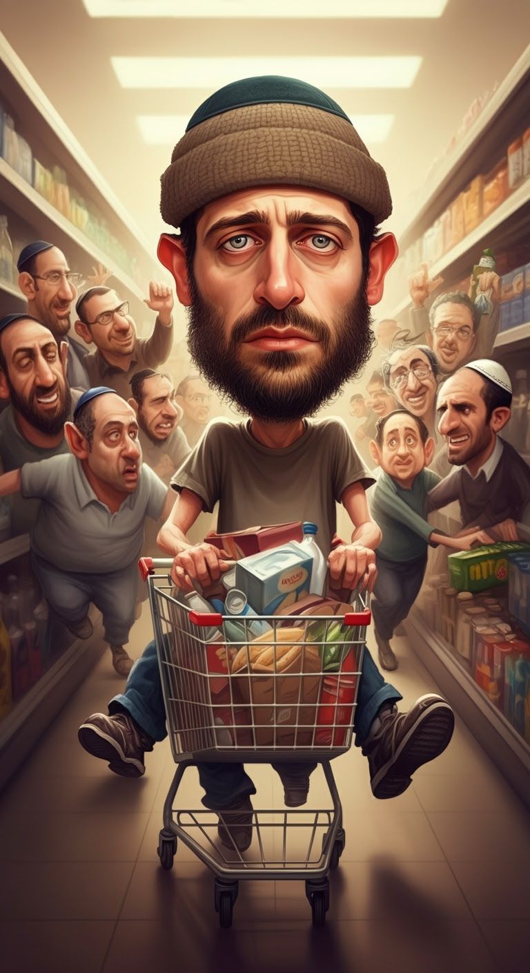 Caricature of Man Overwhelmed by Supermarket Chaos