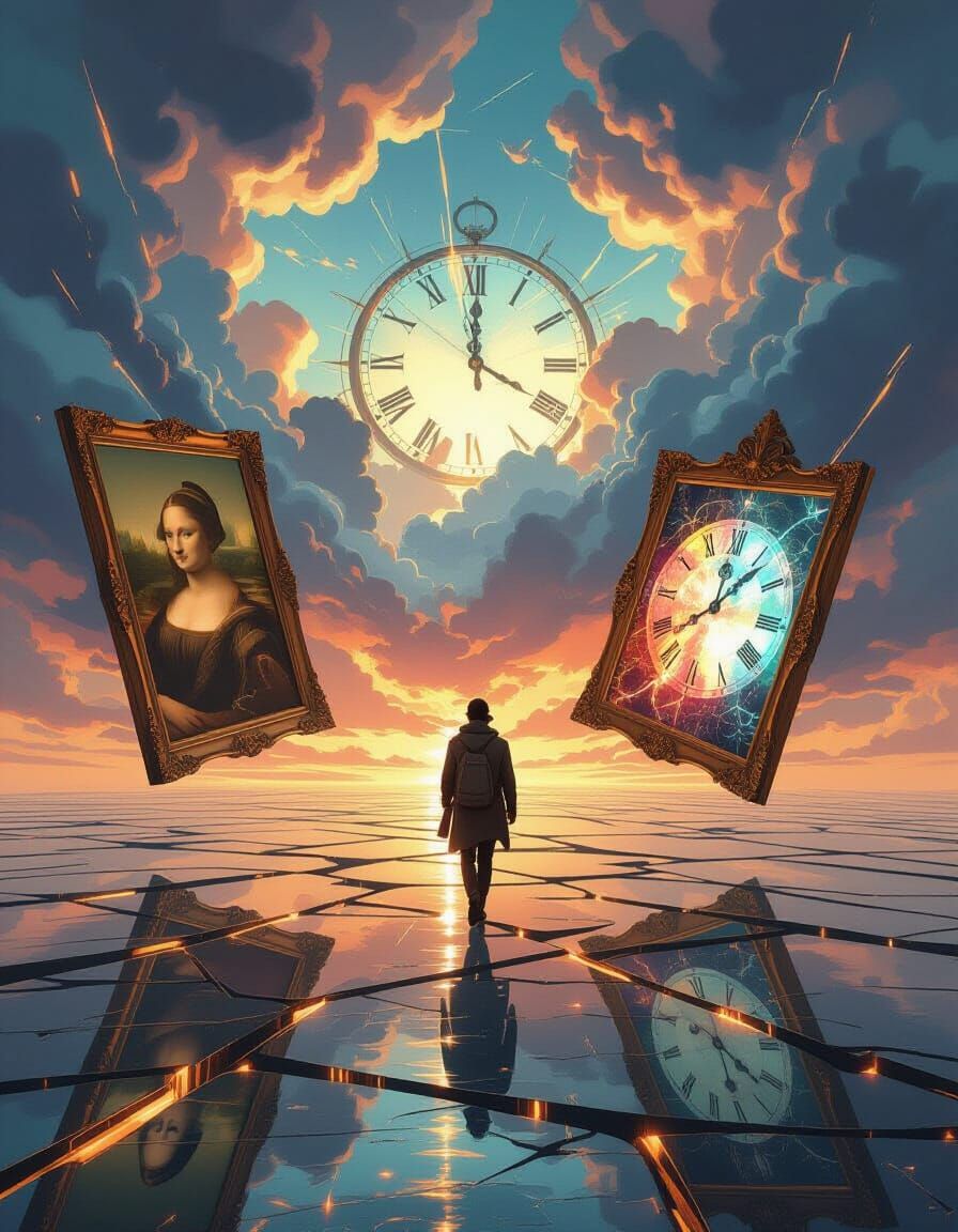 Traveler Stepping Across Fractured Time in Art Styles