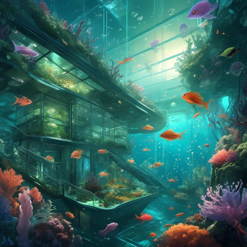 A vast undersea greenhouse in front of undersea glass walled luxury apartment buildings, illuminated by luminescent plan...