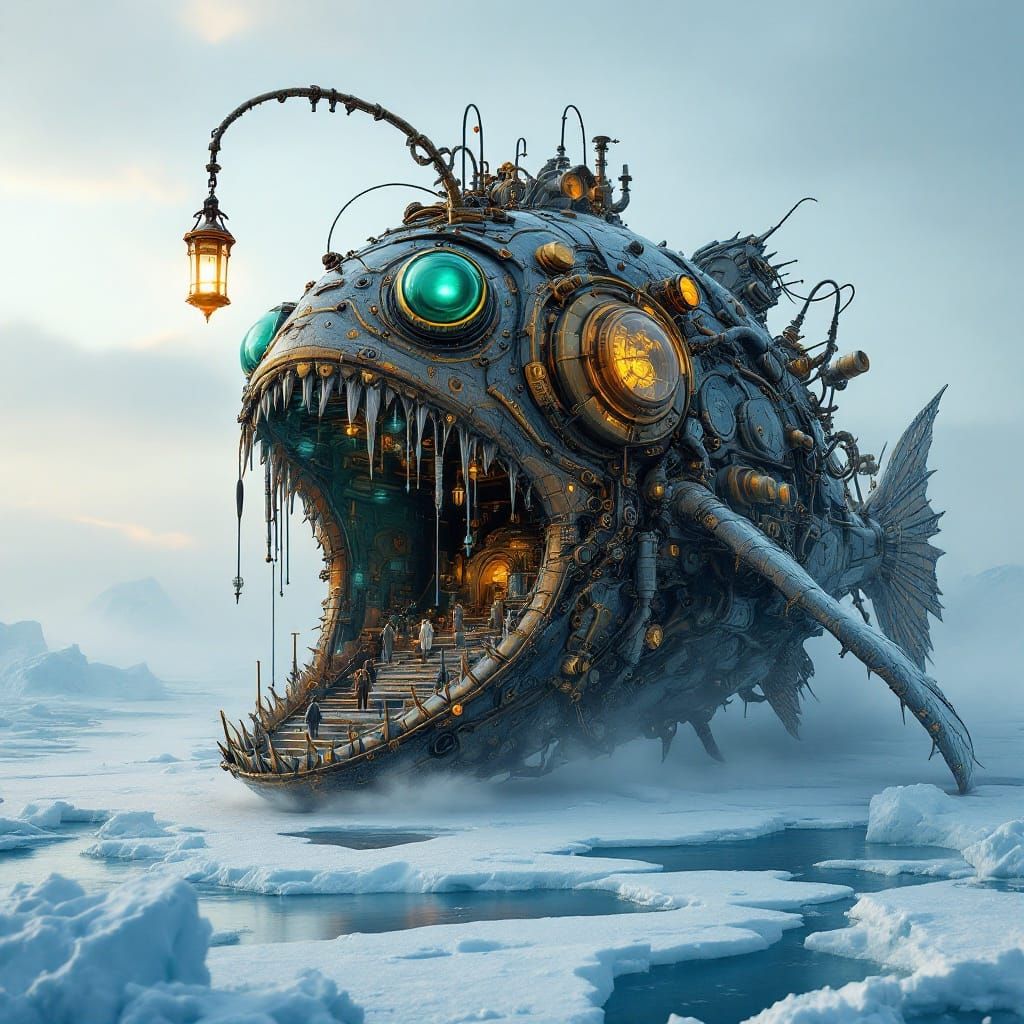 Steampunk Anglerfish Majestically Floats on Arctic Ocean