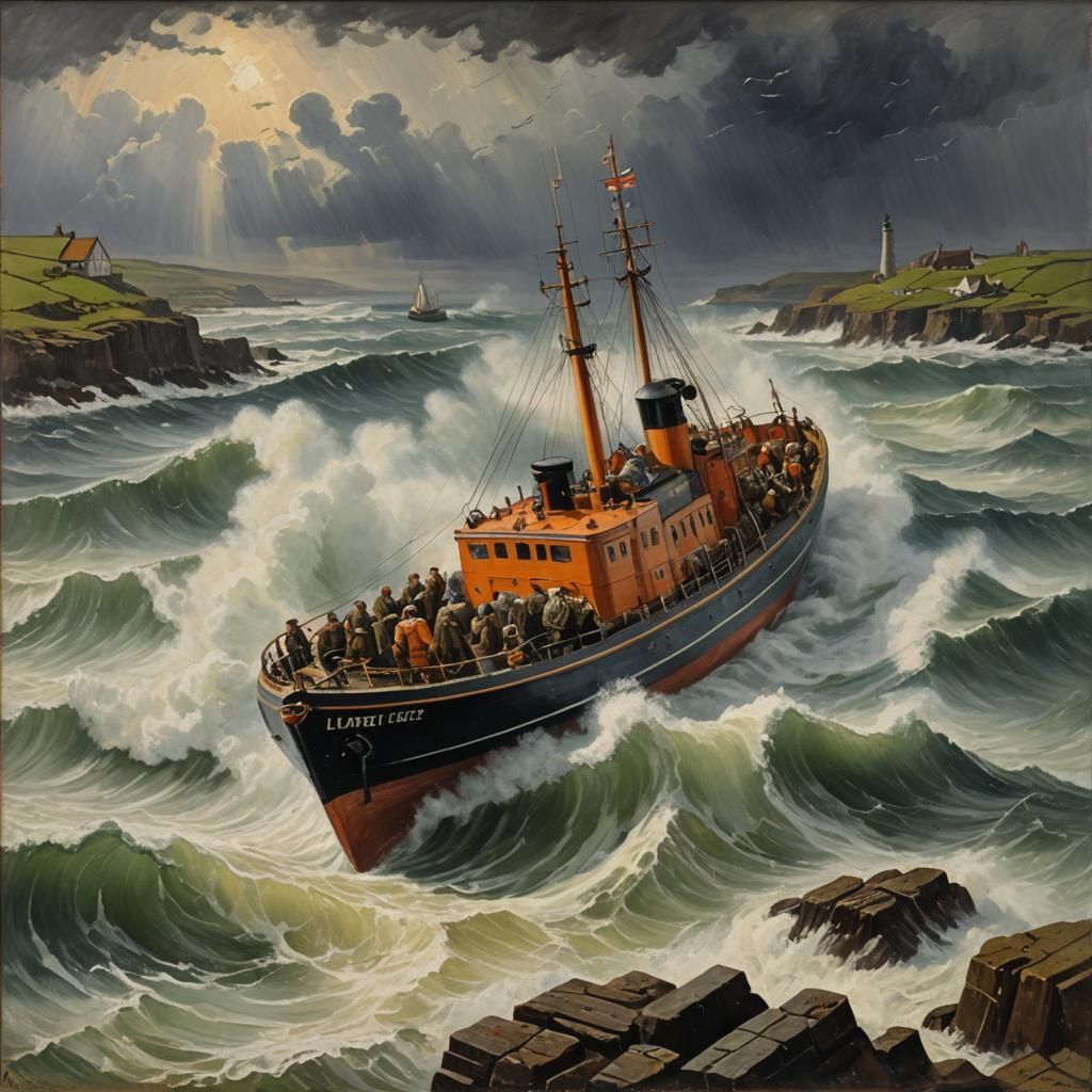 Lifeboat Launching in Stormy Sea, 1940s Oil Painting
