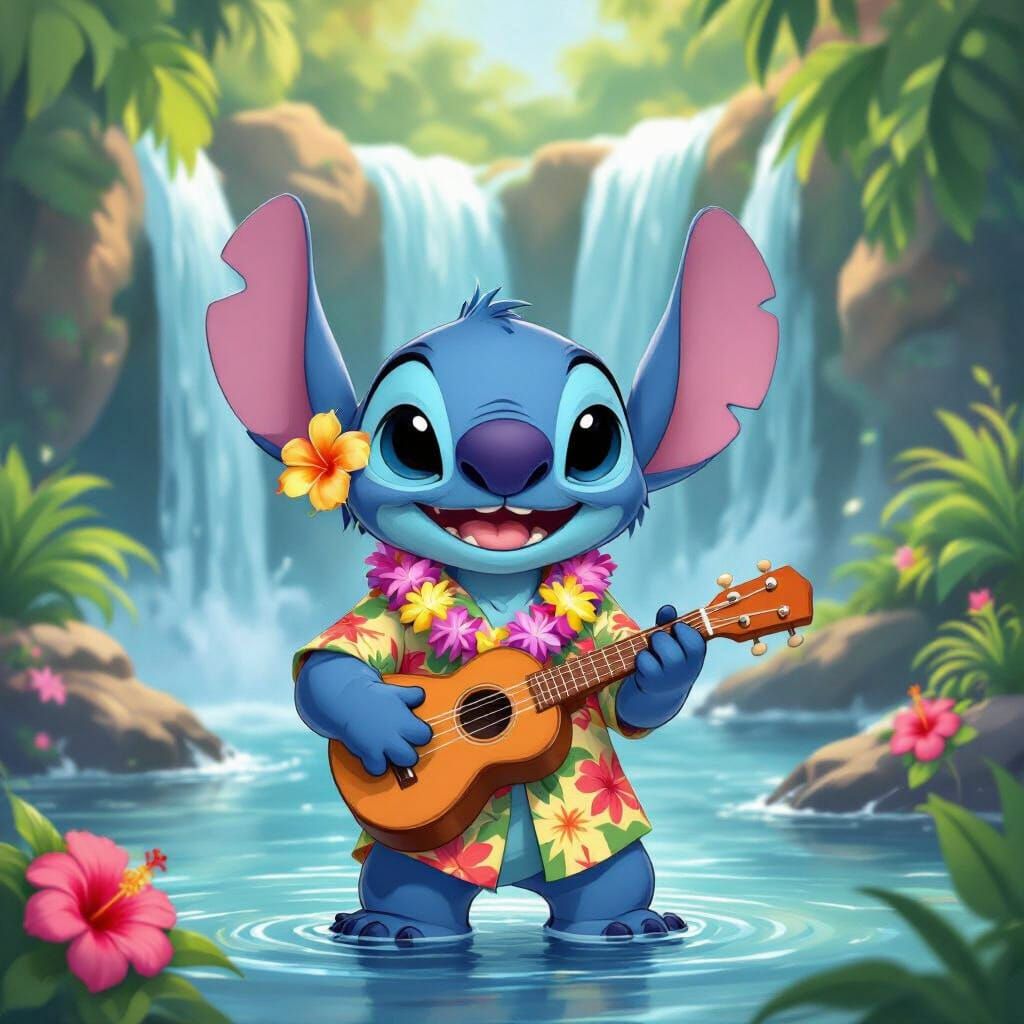 Cartoon Stitch with Lei at Waterfall Holding Ukulele