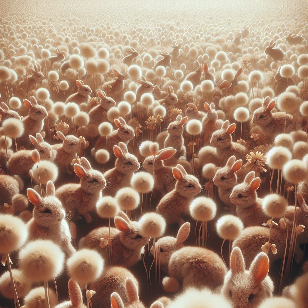 Brown Bunnies Frolicking in Surreal Flower Meadow