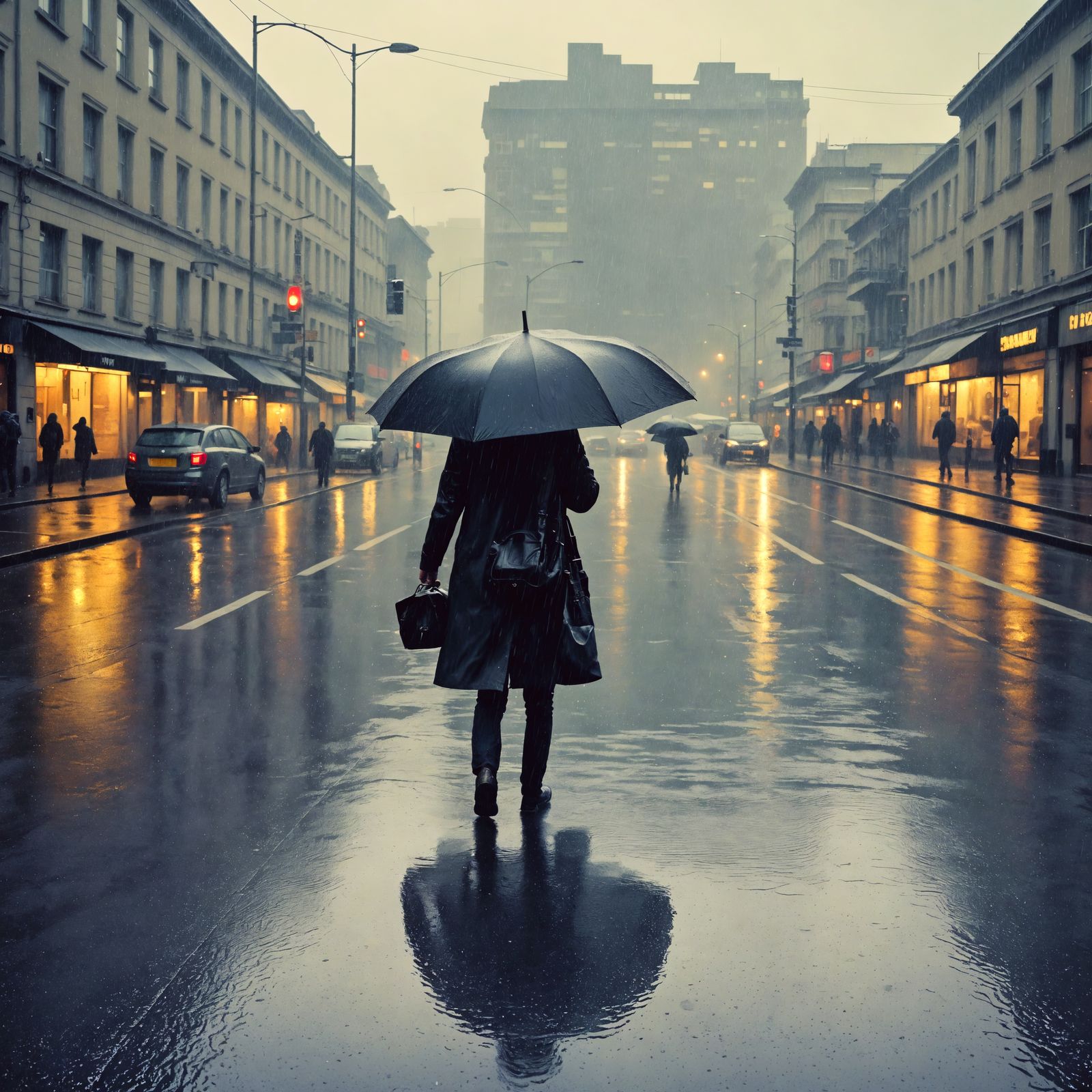Hyperrealistic Rainy Cityscape in High-Contrast HDR