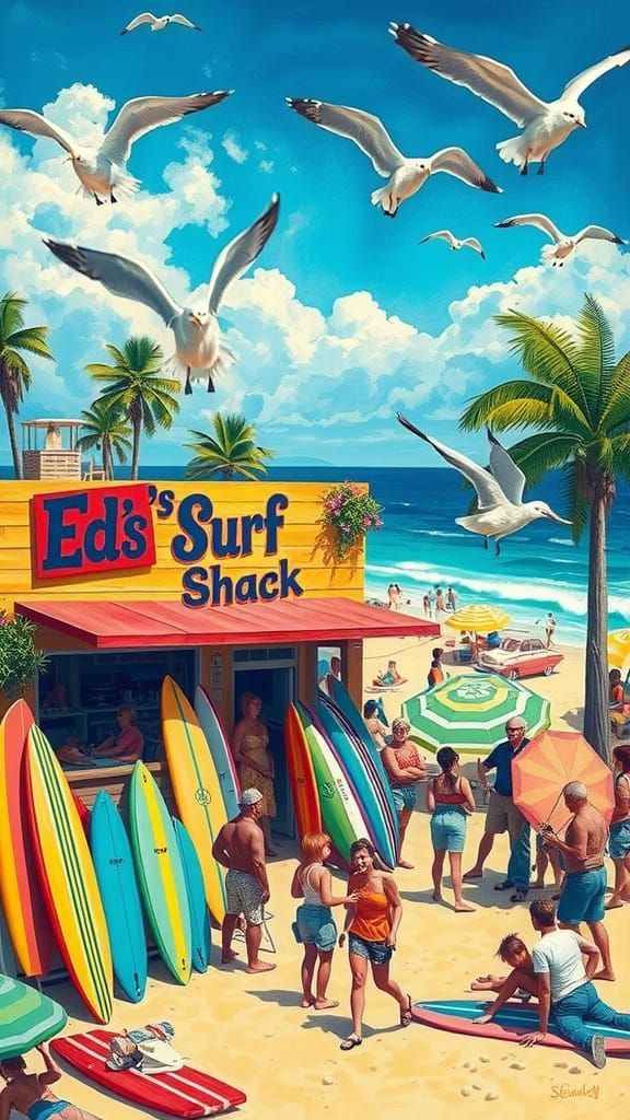 Vibrant Beach Scene with Surf Shop and Palm Trees in a Playf...