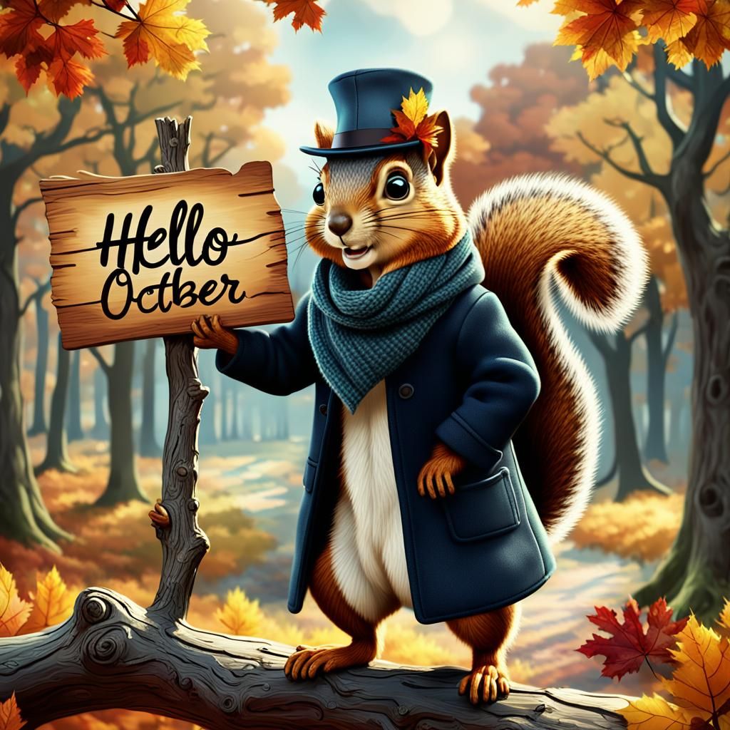 Squirrel Greets October in Autumn Landscape