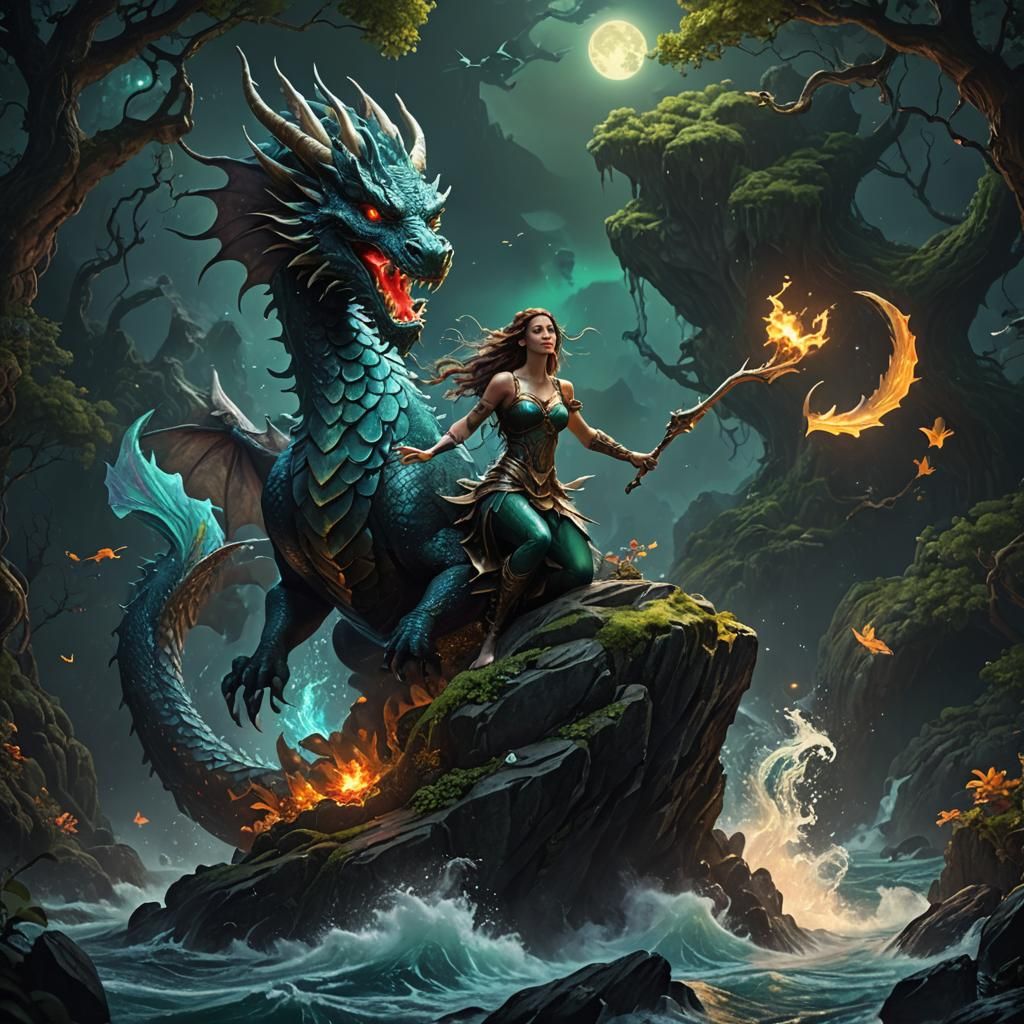 Fantastical Dragon, Mermaid, and Centaur in Mystical Forest