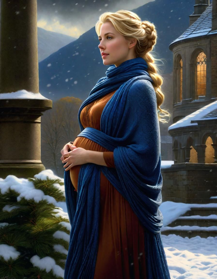 Renaissance Portrait: Pregnant Woman in Falling Snow