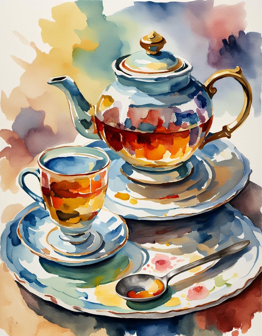Vintage English Teapot Watercolor Painting in Gouache Style