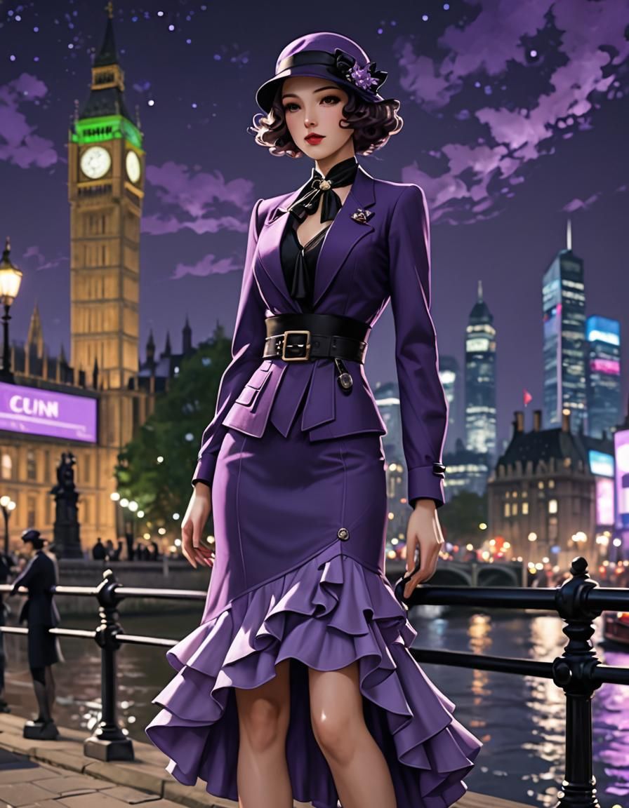 Elegant 1930s Purple Dress in Anime Style