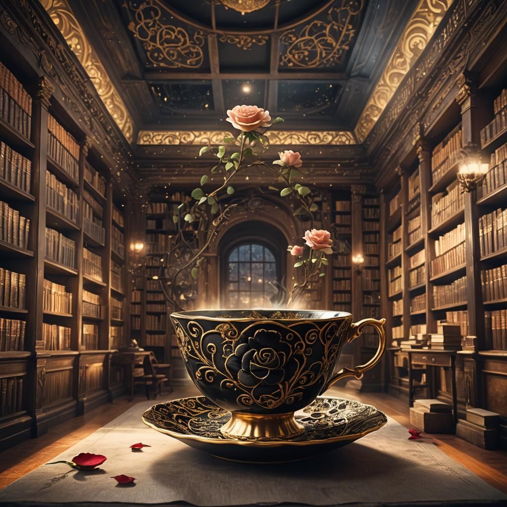 Black Rose Arising in Library, Fantasy Concept Art