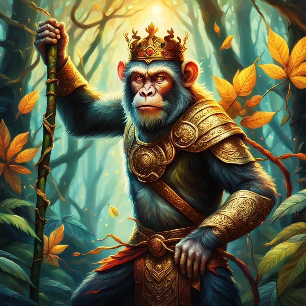 Monkey King in Mystical Forest, Vibrant Oil Painting