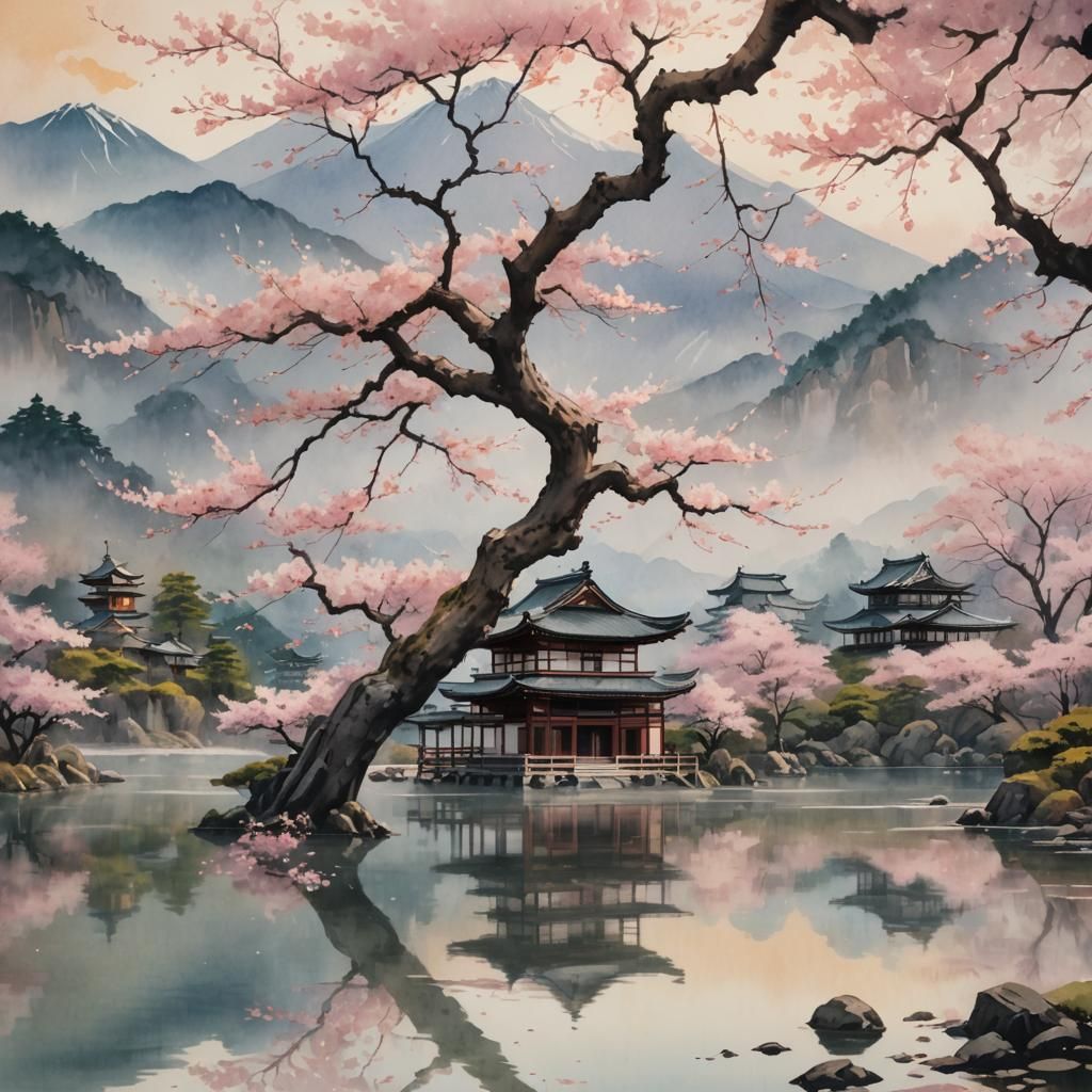 Sakura Tree by Lake in Japanese Watercolor Style
