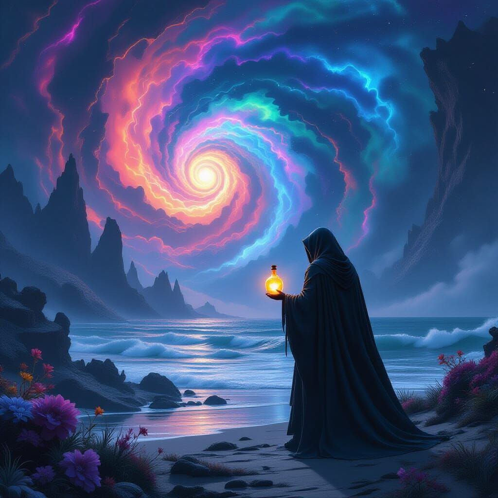 Alien Shore Figure With Cosmic Potion In Dark Fantasy Style