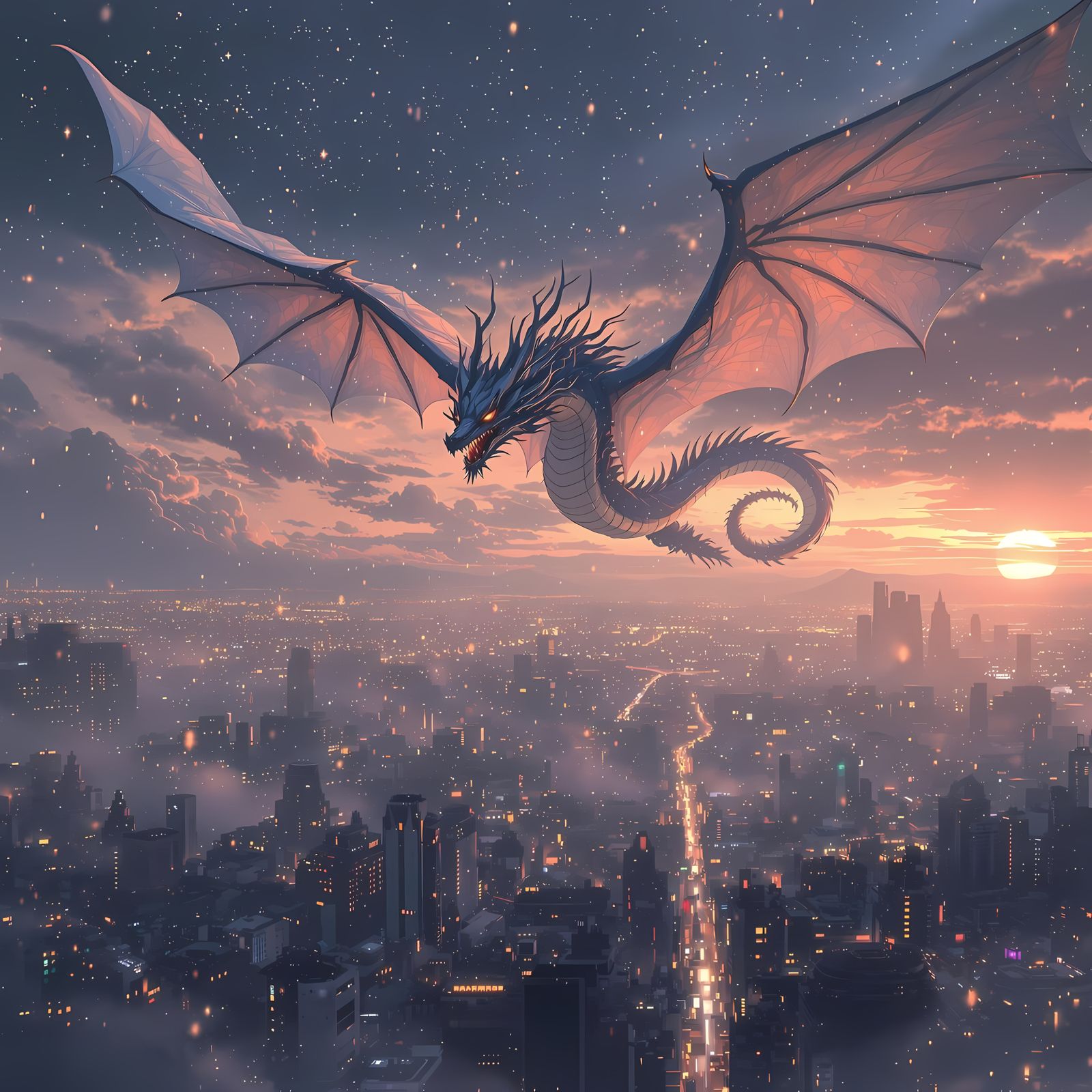 Cyberpunk Dragon Soars Above Shimmering Japanese Cityscape