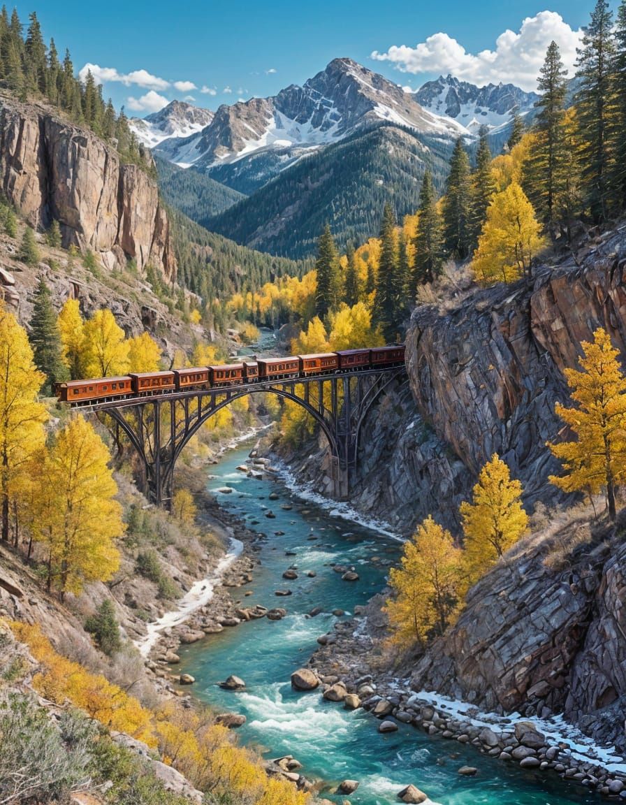Vibrant Cartoon Illustration of Durango & Silverton Railroad...