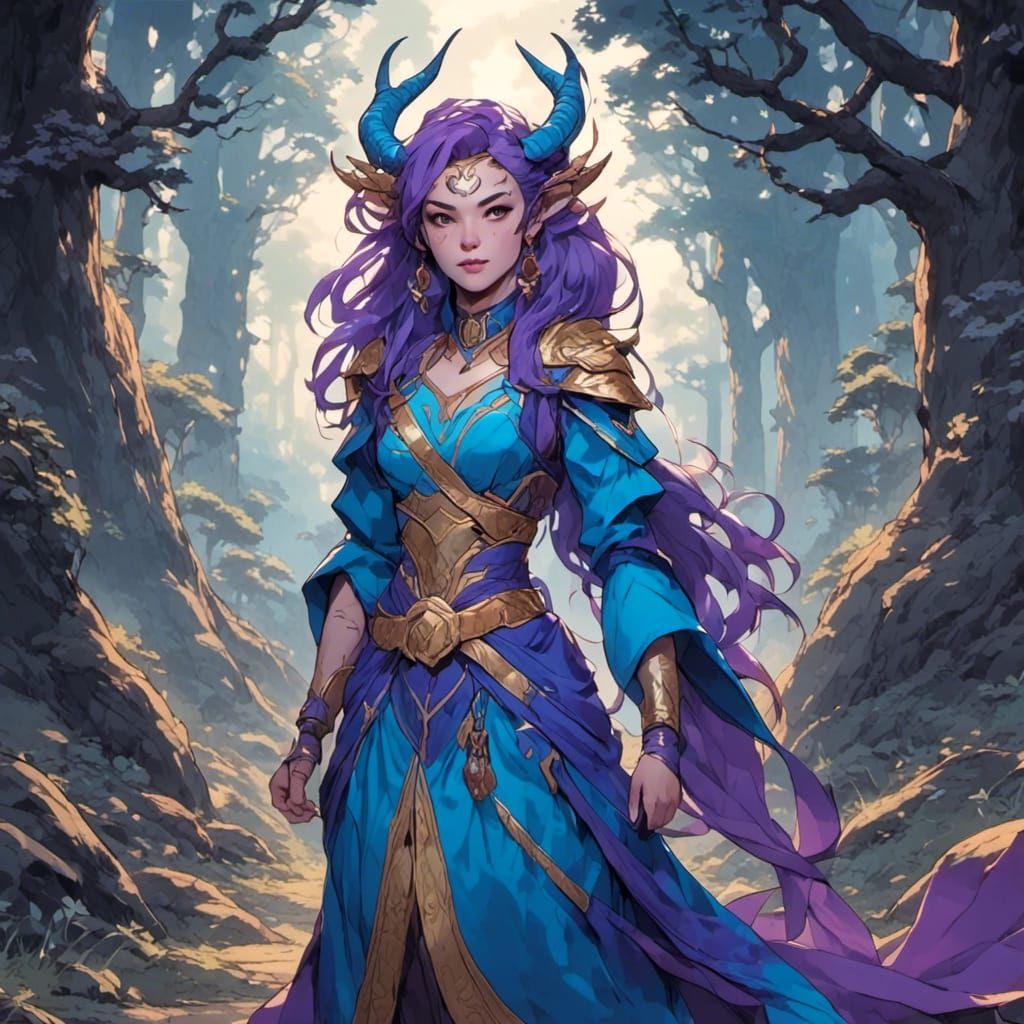 Dragon Horned Woman in Moonlight Forest
