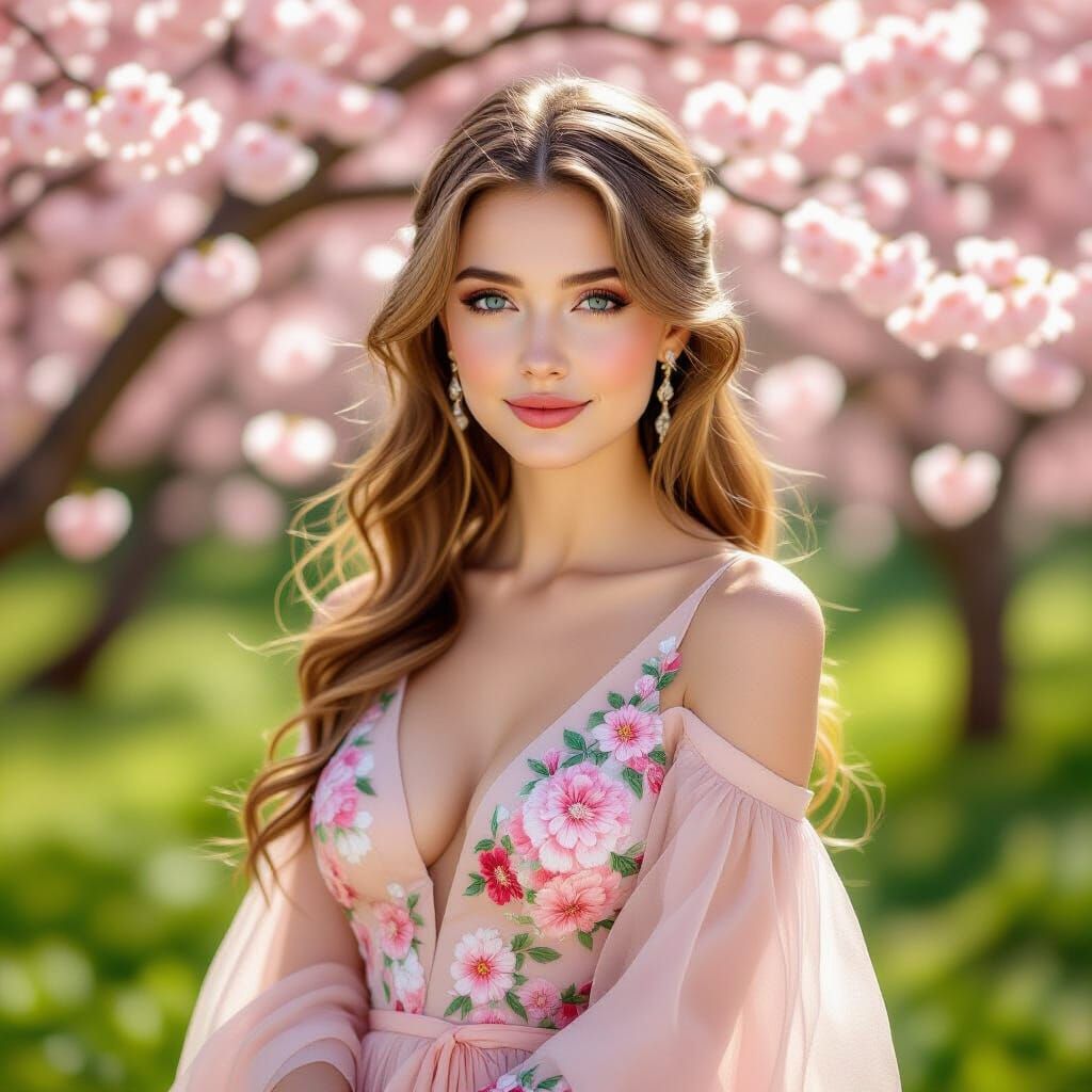 Rose Gold Woman in Cherry Blossom Garden