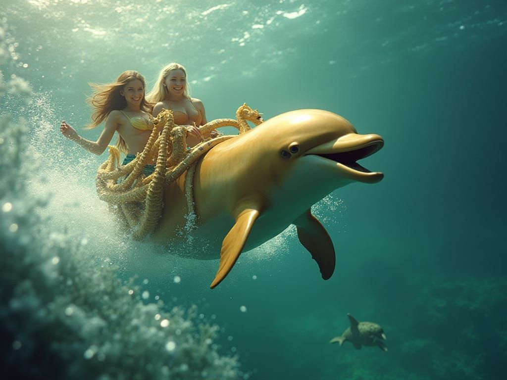 a majestic golden dolphin swims joyful through the waves whi...