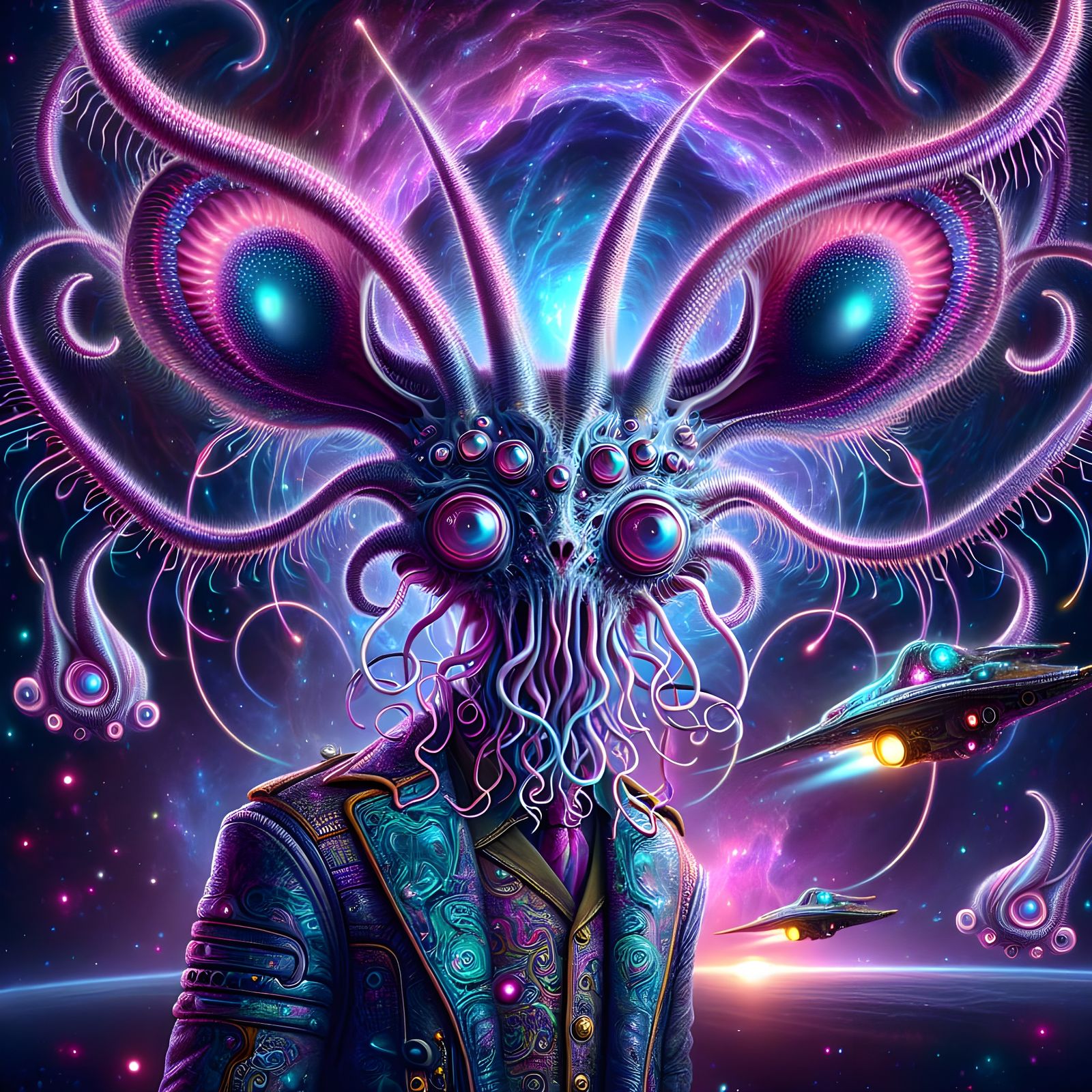 Steampunk Creature with Luminescent Tentacles and Fractal Sp...