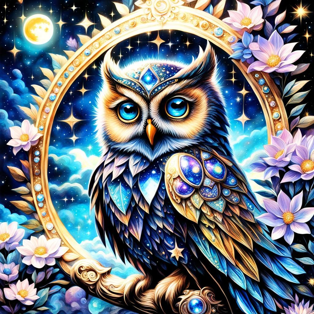 Mystic Baby Owl in a Starry Night, Cosmic Illustration