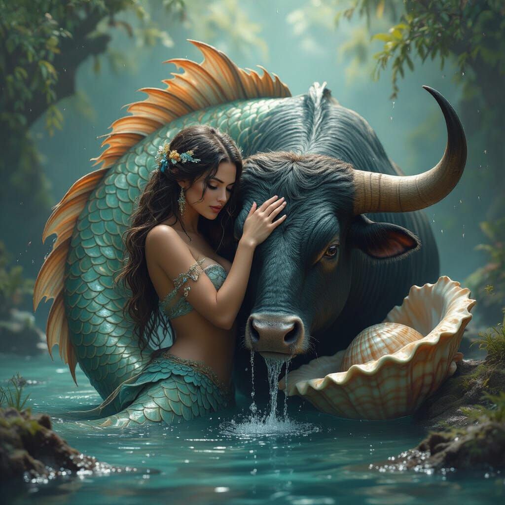 Naiad Embraces Bull in Mythical Water Scene