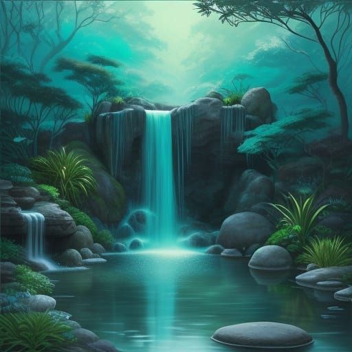 Meditating Woman by Surreal Waterfall in Zen Garden