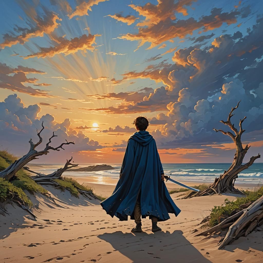 Boy with Sword on Seashore as 3D Digital Art