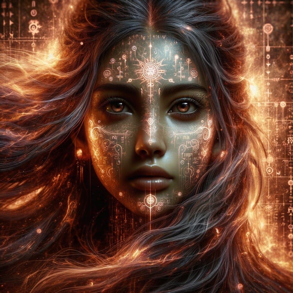 Fiery Portrait of a Girl with Glowing Runes