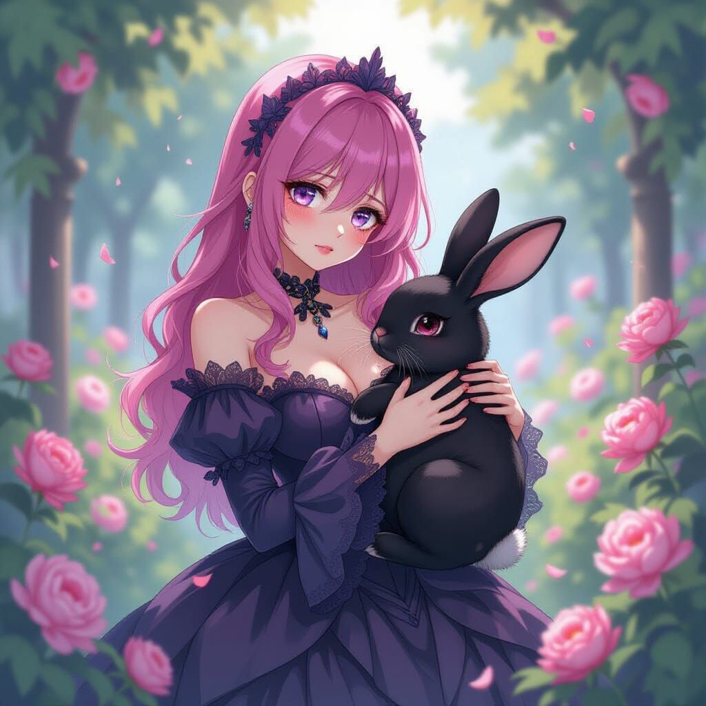 Gothic Woman and Bunny in Watercolor Alcohol Ink Style