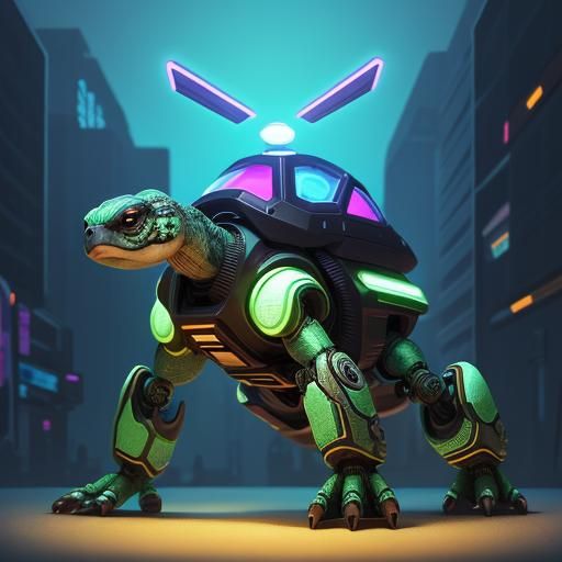 Futuristic Baby Tortoise in Neon Cityscape