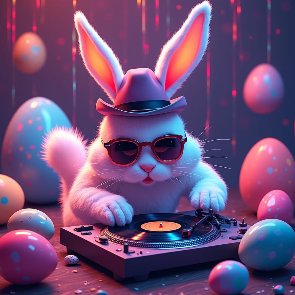 Vibrant Easter Bunny in Neon Nightclub