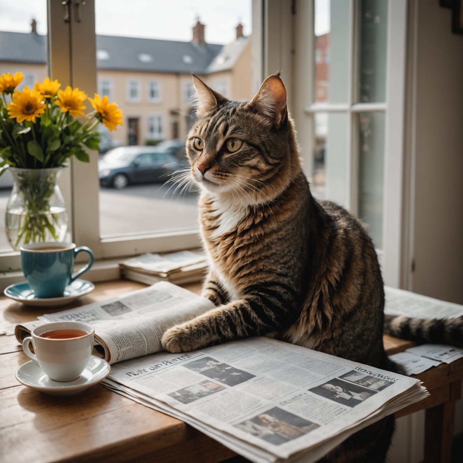 Boomer Cat Reads Newspaper with Tea