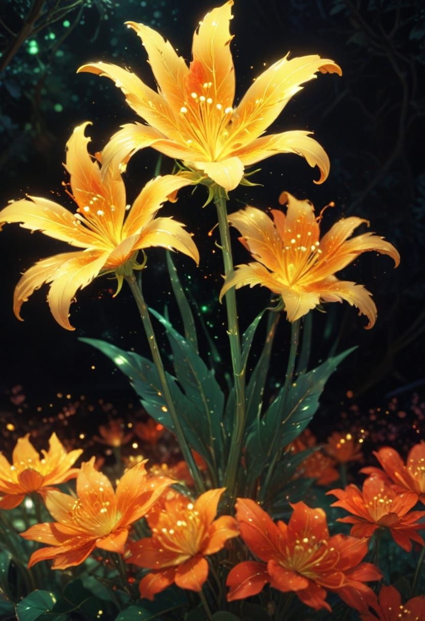 Glowing Mystical Plant Alien in Vibrant Stained Glass Art