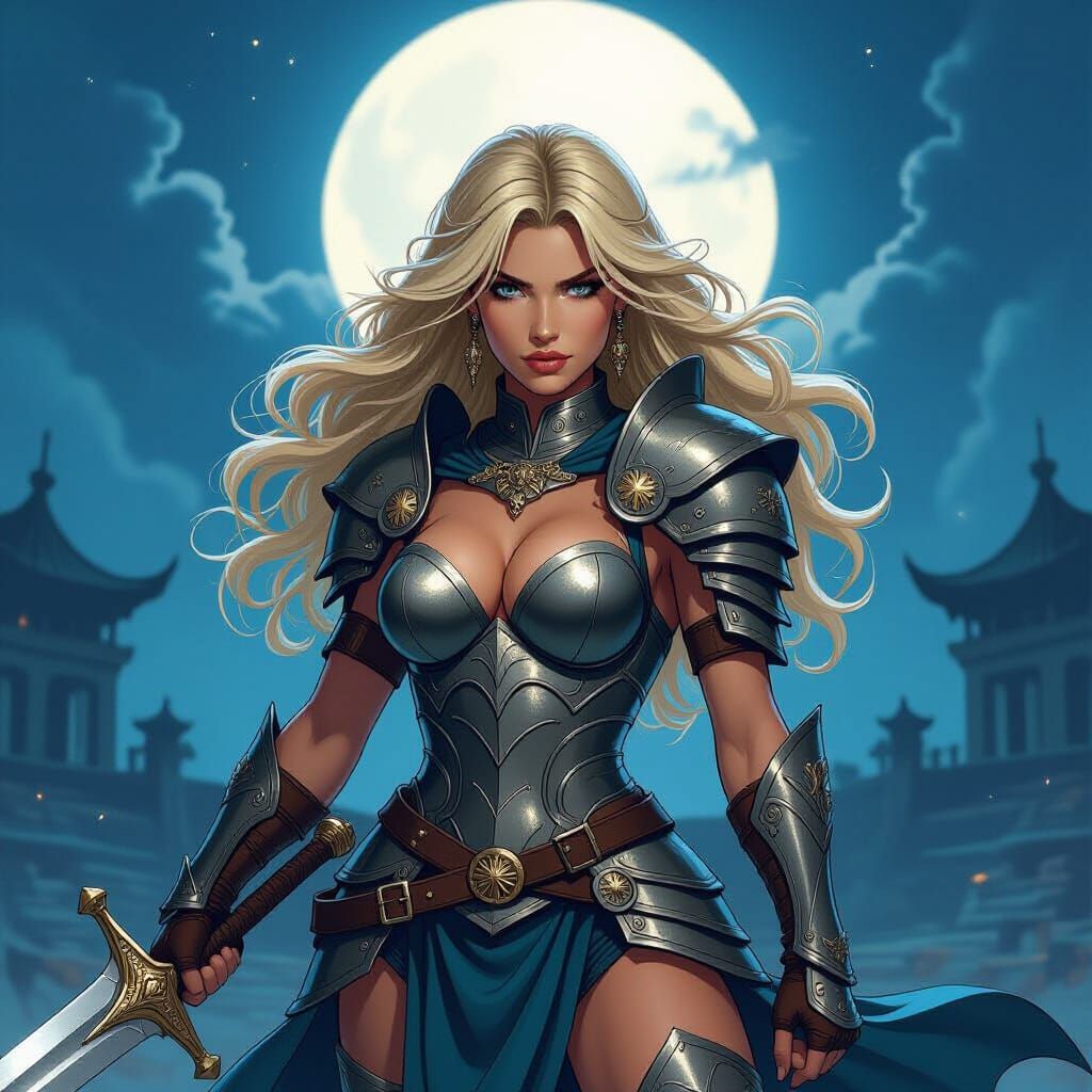 Warrior Princess in Moonlit Arena, Fantasy Art