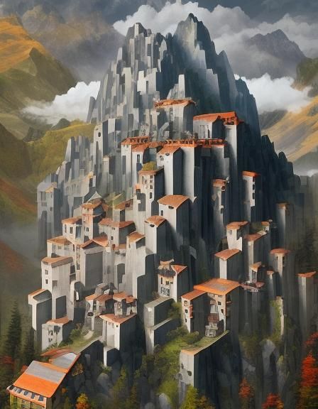 Misty Mountain Landscape Cube, M.C. Escher Style
