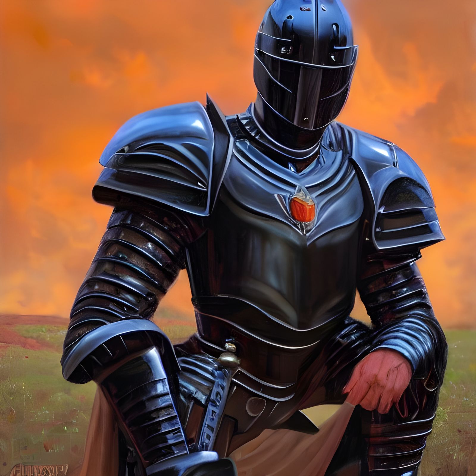 Black Knight Kneeling Before King: Oil Painting