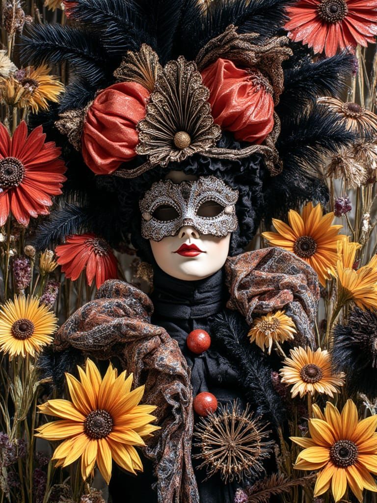 Bohemian Collage of Woman with Carnival Mask and Flowers